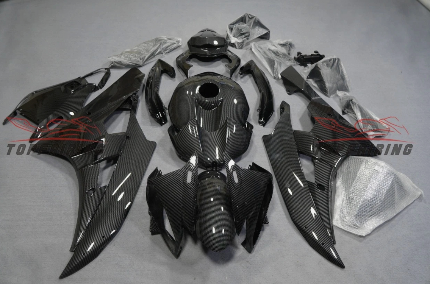 Kit carénage fibre de carbone brillante + cache réservoir pour Yamaha YZF R6 2006-2007 noir